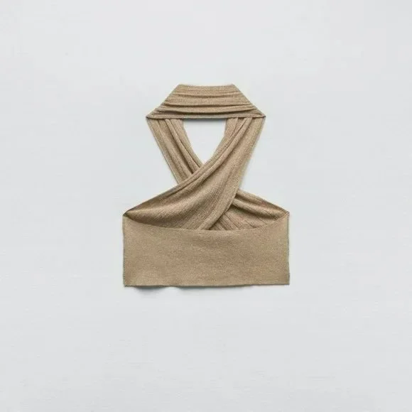 RARE ZARA 2 PIECE GOLDEN METALLIC THREAD WRAP KNIT TOP AND KNIT SKIRT - Picture 5 of 8